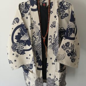 White Japanese Haori with Blue Koi Fish UK Haori UK Japanese Haori UK Japanese Yukata UK Japanese clothing UK Japanese fashion UK animetal