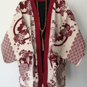 White Japanese Haori with Red Koi Fish UK Haori UK Japanese Haori UK Japanese Yukata UK Japanese clothing UK Japanese fashion UK animetal