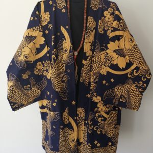 Navy Japanese Haori with Golden Koi Fish UK Haori UK Japanese Haori UK Japanese Yukata UK Japanese clothing UK Japanese fashion UK animetal