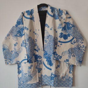 White Japanese Haori with Bright Blue Koi Fish Print UK Haori UK Japanese Haori UK Japanese Yukata UK Japanese clothing UK Japanese fashion UK kimono UK Animetal