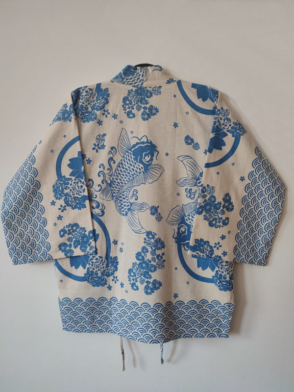 White Japanese Haori with Bright Blue Koi Fish Print UK Haori UK Japanese Haori UK Japanese Yukata UK Japanese clothing UK Japanese fashion UK kimono UK Animetal